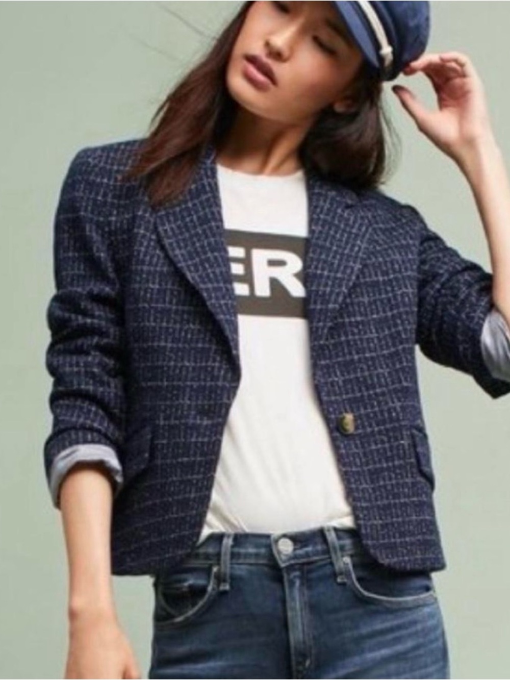 Anthropologie Cartonnier Michel Blue Knit Blazer Women’s 2 Academia Preppy Plaid